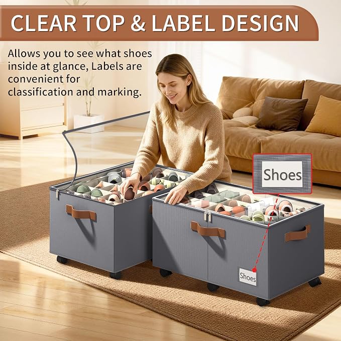 Foyego Shoe Organizer for Closet, Shoe Storage with Wheels, Gray | Fits 24 Pairs, with Adjustable Dividers and Clear Cover, Saving Space Foldable Fabric Closet Shoe Storage Organizer Box Bins