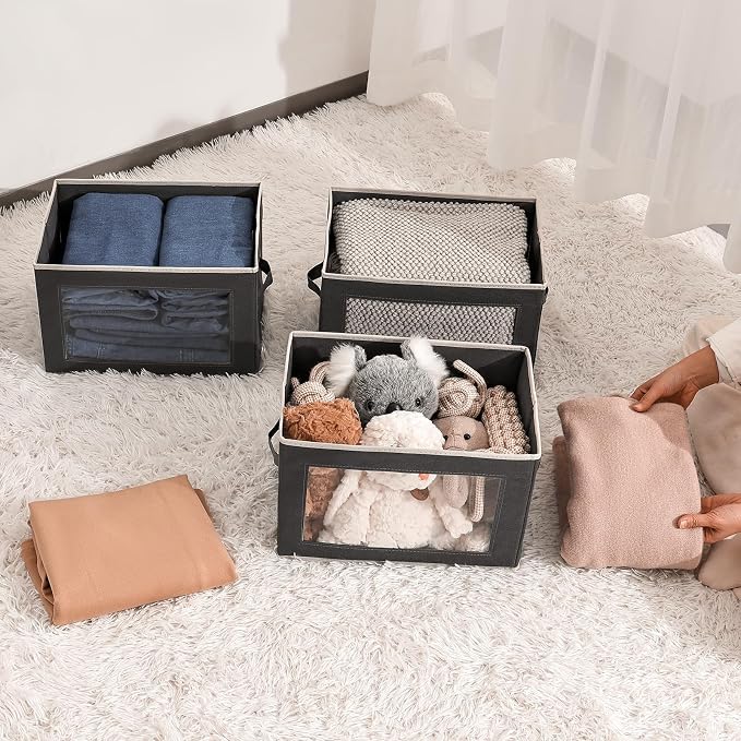 Homsorout Stackable Storage Bins with Lids - Medium Storage Box with Lids, Foldable Closet Boxes for Organizing, Wardrobe Clothes Organizer with Window, Cubes Bins for Living Room, 5 Pack, Dark Grey