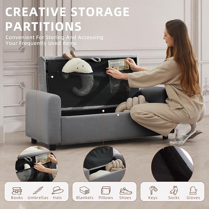 48" Ottoman with Storage, Tufted Storage Ottoman Bench, Convenient Living Room Fabrics Bench Seat, Entryway Shoe Benches with Inner Zipper & Arm, Rivetless Upholstered Window Seat Ottomans, Dark Grey