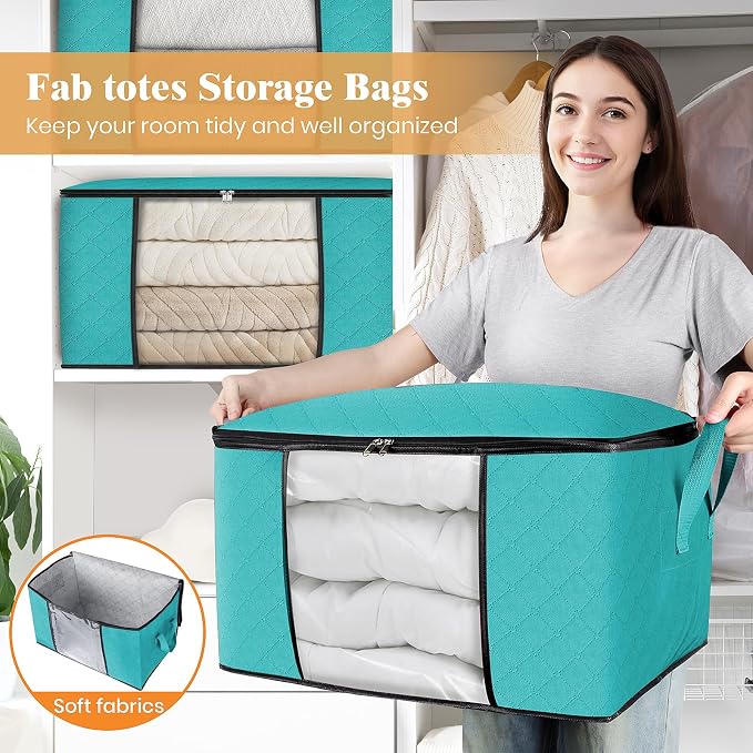 Fab totes Storage Bags,Clothes Blanket Storage Bins Foldable Closet Organizers with Reinforced Handle for Home Dorm Storage and Organization,Fabric Bags for Organizing Sheets,Clothing (Green,8 Pack)
