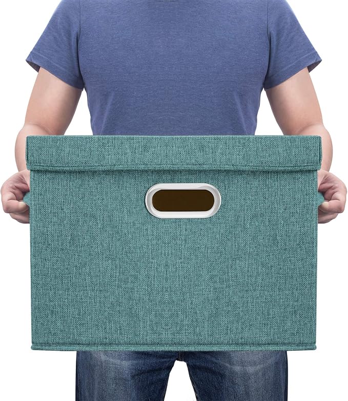 Large Storage Bins with Lids, Collapsible, Washable, Fabric Storage Boxes for Organizing, 17.3x11.8x11.4 inches, 3 Pack, Aqua Deep