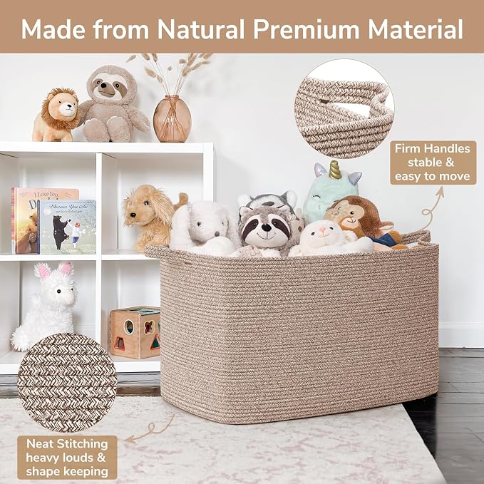 Goodpick 105L Extra Large Woven Blanket Basket, Cotton Rope, Brown | 25 x 16 x 16 in, Rectangle, Blankets, Clothes, Toys & Pillows Storage, Living Room, Bedroom & Nursery Organization