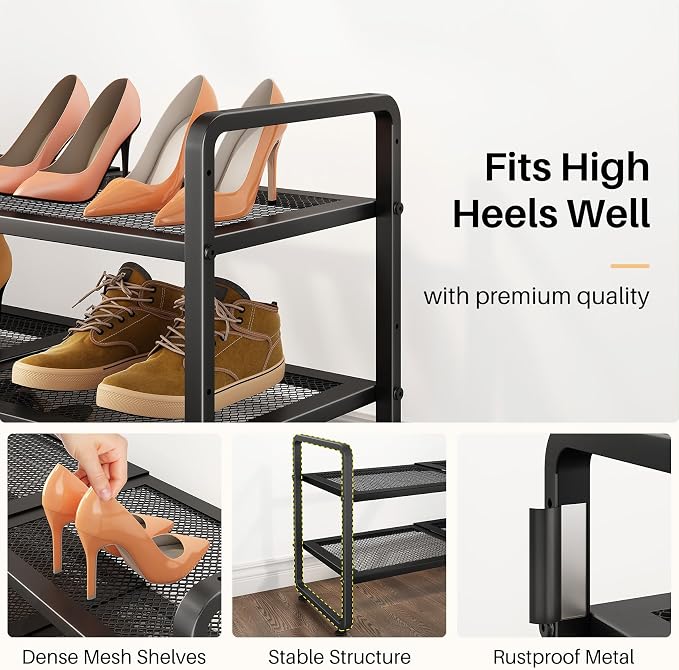 Expandable Metal Shoe Rack for Closet, Entryway & Garage, 2-Tier, Black | Adjustable Height for Boots, Stackable Design, Dense Mesh Shelves for Heels, Fits Small Spaces, Apartments and Rentals