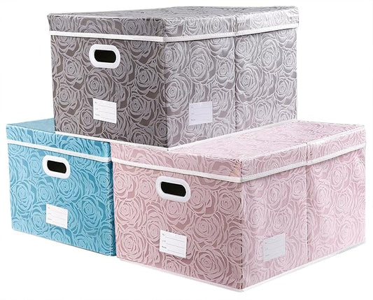 PRANDOM Jumbo Collapsible Storage Cubes with Lids Fabric Decorative Storage Bins Boxes Organizer Baskets with Cover Handles for Bedroom Closet Living Room 23.2x15.7x11.8 Inch 3 Pack