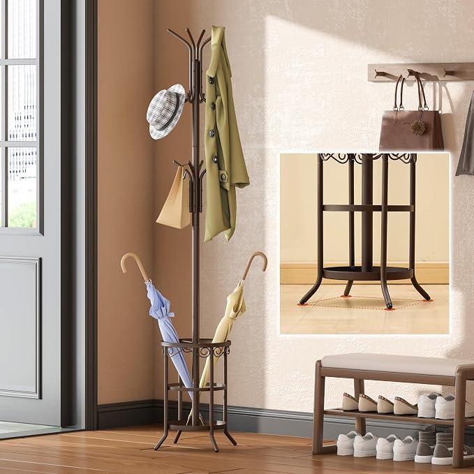 GHWIE Coat Rack Freestanding, Coat Tree with Umbrella Holder, Metal Coat Rack Stand with 12 Hooks, Standing Coat Hanger Stand, Umbrella Stand for Entryway, Hat Rack Stand for Home Office, Brown