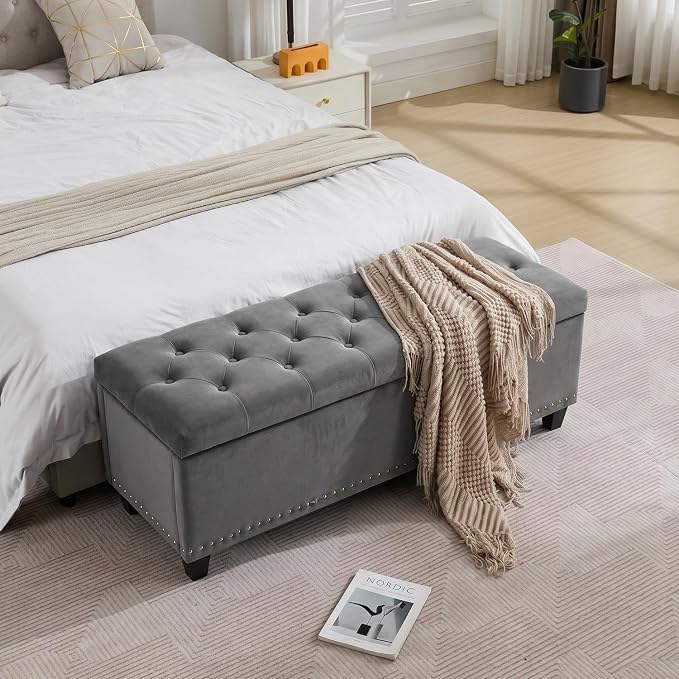 Tbfit 50.8" Large Storage Ottoman Bench with Button-Tufted Top, Blue PU Faux Leather End of Bed Chest with Safety Hinge and Rivets for Bedroom, Living Room (Gray-Velvet)