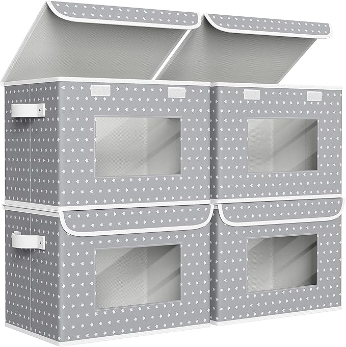 Univivi Fabric Foldable Storage Boxes with Lids, 4 Pack, Gray Star | 17 x 12 x 12 In Large Stackable Storage Bins with Lids, Closet Organizers and Storage Cube Basket for Home, Office, Bedroom
