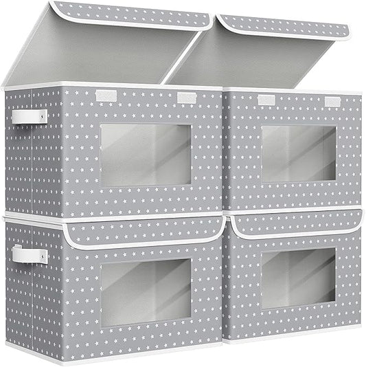 Univivi Fabric Foldable Storage Boxes with Lids, 4 Pack, Gray Star | 17 x 12 x 12 In Large Stackable Storage Bins with Lids, Closet Organizers and Storage Cube Basket for Home, Office, Bedroom