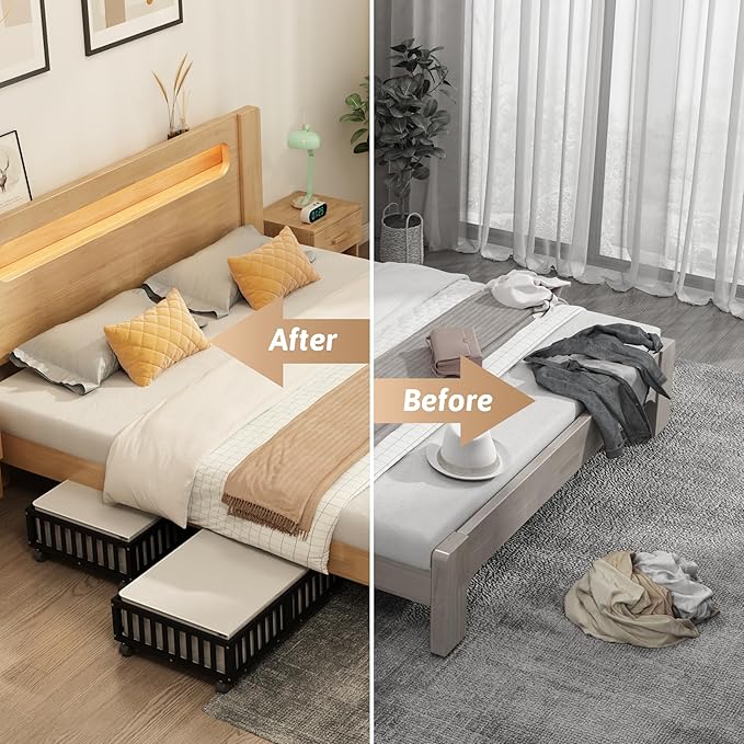 MHXW SXPN 2 Pack Bamboo Under Bed Storage Containers with Wheels, Black | Underbed Drawer Storage with Bag, Wood Rolling Underbed Organizer for Shoes, Sheets Clothes Blanket Comforter, Under Crib Toy
