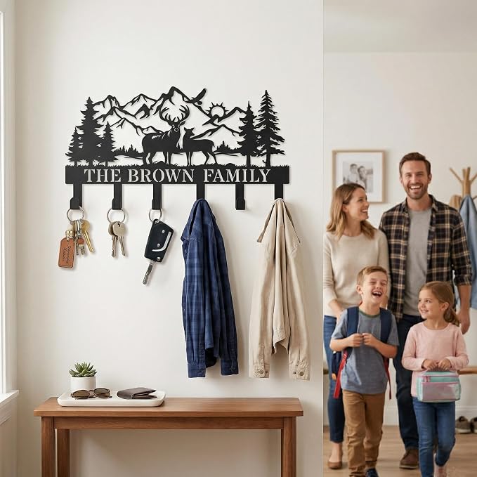 Personalization Deer Mountain Metal Key Holder custom Wall Mount Key Holder for Wall Rustic Cabin Decor Key Rack Hooks Hanger Woodland Wildlife Wall Art Entryway Organizer Housewarming Hunting Gifts