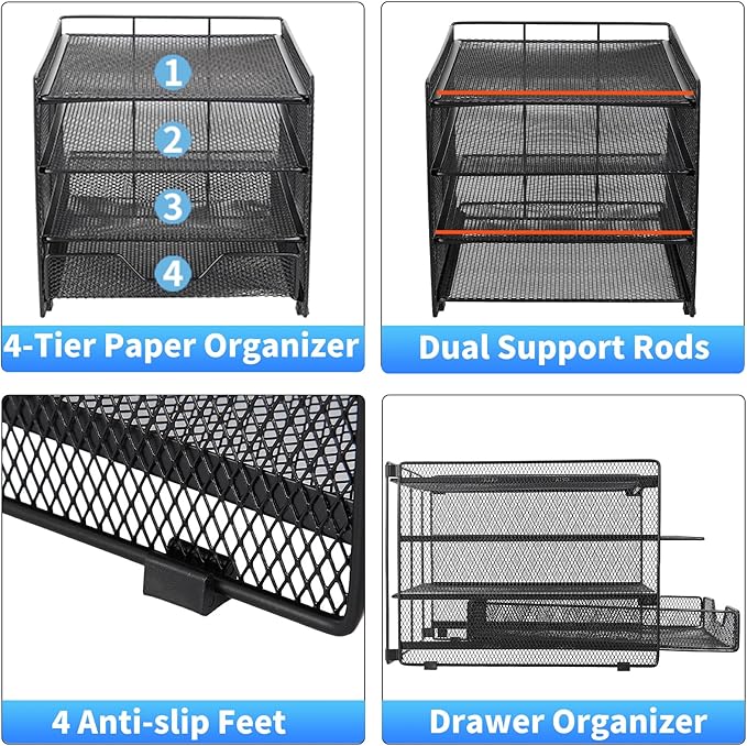 OPNICE Desk Organizer, 4-Tier Desktop File Organizer with Drawer, Office Desk Accessories, File Sorters, Workspace Organizers for Office Supplies(Black Upgraded)