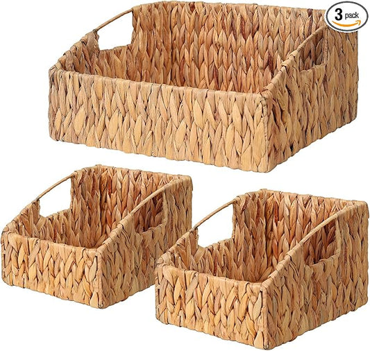 Pantry Baskets for Organizing, Wicker Basket Shelf Storage | Handwoven Pantry Organizers and Storage with Built-in Handles, Laundryroom Organization Storage Bins for Snack Cans