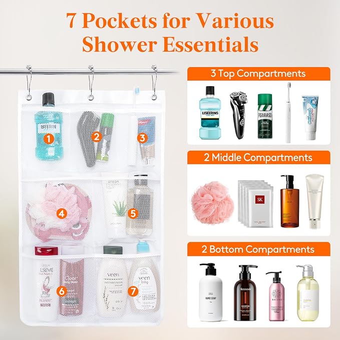Lifewit Mesh Shower Caddy, 7 Pockets Hanging Shower Organizer with Quick Drying Mesh, Portable Space Saving Bathroom Organizer to Hold Soap, Shampoo and Cruise Ship Essentials, White, Medium - 3 Pack