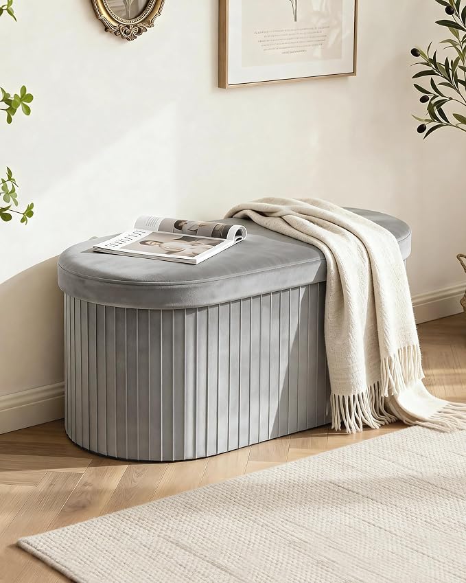 GLAXYFUR Folding Ottoman with Storage, Oval Velvet Storage Bench, Grey | Upholstered Foot Rest, 30 x 15 x 15 Inches Storage Chest for Bedroom, Living Room & Entryway