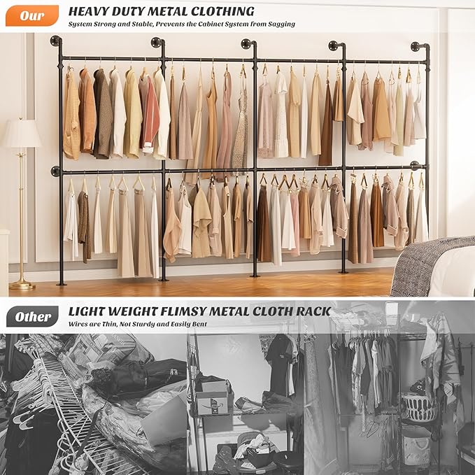 Aheaplus Industrial Pipe Clothing Rack, Reversible 13FT Clothes Rack for Hanging Clothes, Heavy Duty Garment Racks, Wall Mounted Closet Wardrobe, Corner L Shaped Walk-in Closet System, Black