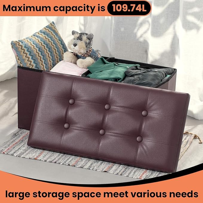 COSYLAND Ottoman Bench with Storage large-30x15x15in Folding Leather Ottoman, Rectangle Foot Stool Foldable Storage Chest Footrest Footstool Collapsible with Lid for Bedroom Living Room Brown
