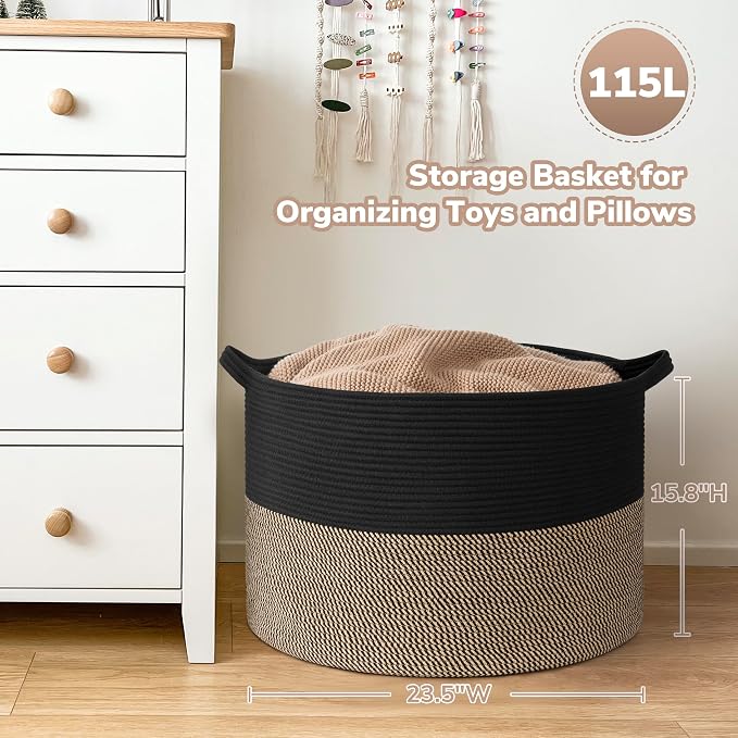 Goodpick 115L Extra Large Blanket Basket, Kids Toy Storage for Nusery Room | 23.5 x 23.5 x 15.8 In Woven Basket for Storage, Kids Toy Storage for Playroom, Laundry Basket for Towels, Black & Mix Jute
