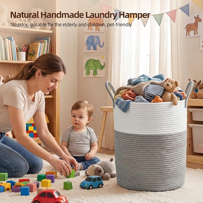 OIAHOMY Large Laundry Basket Hamper - 60L Cotton Rope Woven Basket for Blankets, Toys, Clothes - Tall Decorative Nursery Hamper with Long Handles, Grey/White