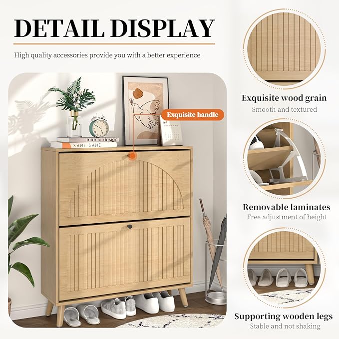 Fsbecl Shoe Storage Cabinet for Entryway with 2 Flip Drawers, Narrow Wood Shoe Cabinet with Fluted Panel, Freestanding Hidden Shoe Organizer for Hallway