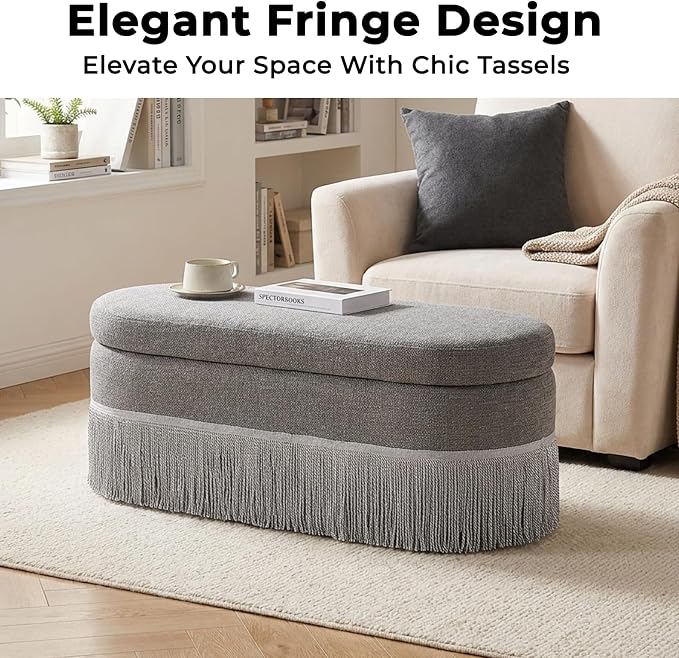 39.4“Storage Ottoman Bench with Tassels, Oval End of Bed Bench for Bedroom | Modern Ottoman with Storage,Linen Upholstered Entryway Foot Rest, Lift-Top Lid with Safety Hinge, Living Room, Grey