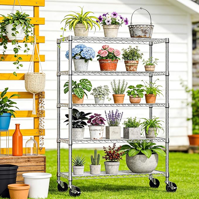 IZEUK 5-Tier Storage Shelving Unit with Wheels, Adjustable Heavy Duty Steel Wire Rack Organizer (Chrome, 17.7" D x 47.2" W x 76.7" H, 1750 lbs Capacity) for Garage, Kitchen, Pantry, Laundry, Basement
