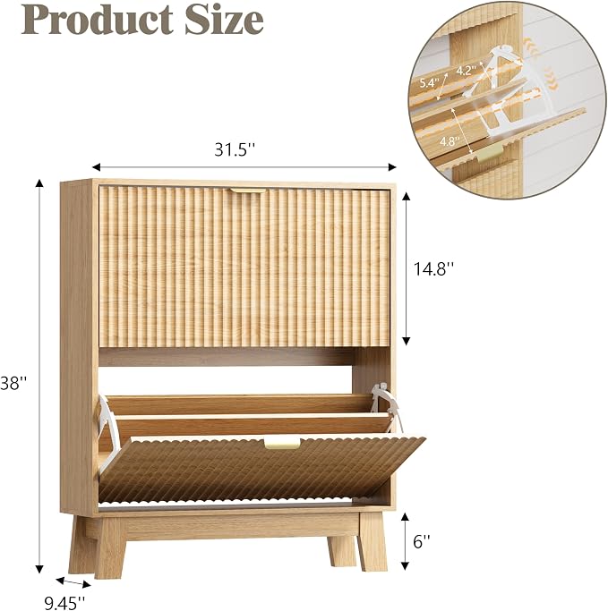 HUANLEGO Shoe Cabinet Storage for Entryway with 2 Flip Drawers, Fluted Narrow Shoe Organizer with Wooden Legs, Freestanding Slim Shoe Storage Hidden Shoe Rack Organizer for Front Door Entrance, Oak