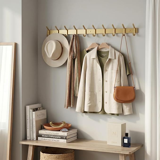 Brushed Gold Wall Mounted Coat Rack – 30 Inch Stainless Steel Rail with 10 Double Coat Hooks for Entryway, Bathroom, Bedroom, Kitchen – Modern Gold Hook Rack for Coats, Hats, Towels