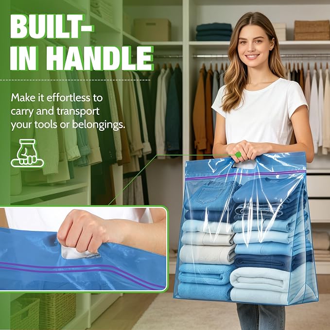 GOONIK 15 Gallon Large Storage Bags with Zipper and Handle for Clothes Pillow Travel Moving, Large, 24” x 24”, Blue, Pack of 3