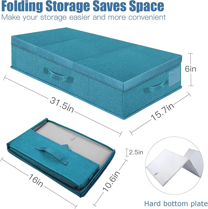 Supowin 2Pack Large Underbed Storage Containers Bin with Lids, Cyan Blue | 6 Inches Tall Under Bed Storage Organizer Box with Handles, Foldable Closet Organizer for Clothes, Blankets, Seasonal Items