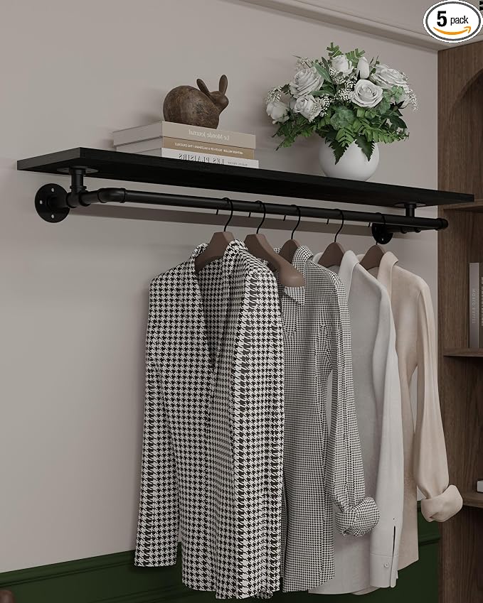 Black Clothes Rack 48in, Wall Mounted Garment Rack with Real Wood Shelf, Heavy Duty Hanging Clothes Rack, Multi-Purpose Hanging Rod, Space-Saving Closet Storage