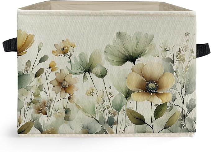Rustic Floral Storage Box Bins, Sage Green Beige Cottagecore Wildflower Collapsible Storage Basket Organizer for Bedroom Nursery Laundry Room Home Clothes Books, Decor for Room