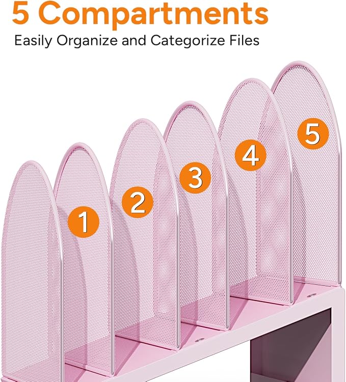 5-Section Desk File Organizer | Metal Mesh Folder Organizer for Documents, Mail & Office Papers (Pink)