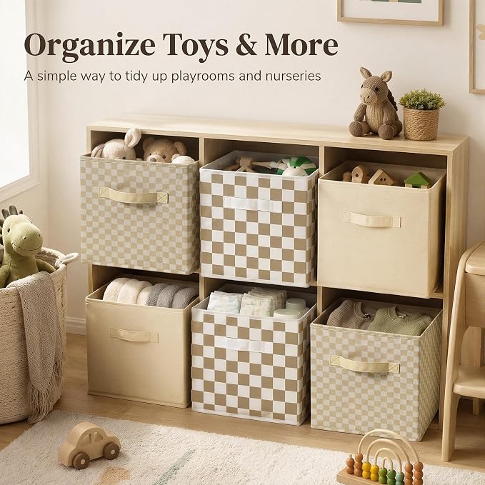 6 Pcs 11 Inch Gingham Fabric Storage Cube Bin Woven Foldable Checkered Storage Cube for Classroom Basket Bin Organizer with Handle Decor for Organizing Clothes, Toy, Book