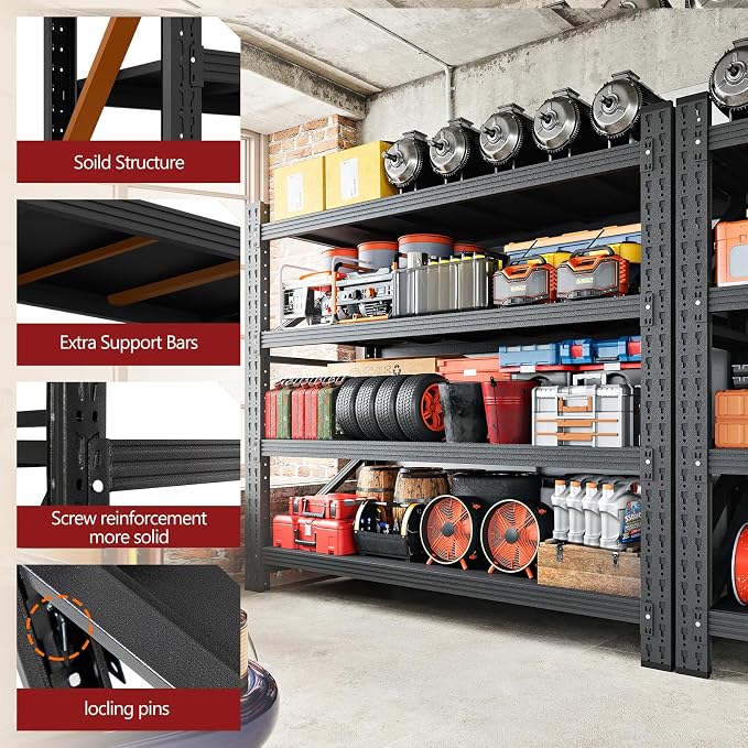 RAVIGIN 3000LBS Storage Shelves, 48" W Garage Shelving Heavy Duty Metal Adjustable Garage Shelves, Shelving Units Industrial Shelving for Warehouse, 48" W x 23.7" D x 70" H, Black