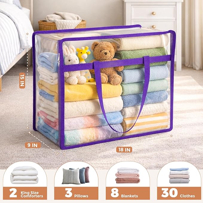 4 Pack Clear Storage Bags for Clothes, 40L Closet Organizers and Storage | Plastic storage with zipper and handle, moving bags, under-bed storage, closet organizer for blankets, comforters, toys
