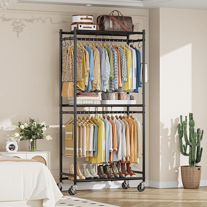 Simple Trending Clothing Rack, Portable Closet, Clothes Rack, Black | Wardrobe Closet with Mesh Shelves & Hooks, Metal Garment Rack, 360° Lockable Wheels, Multi-Functional, for Bedroom, Laundry