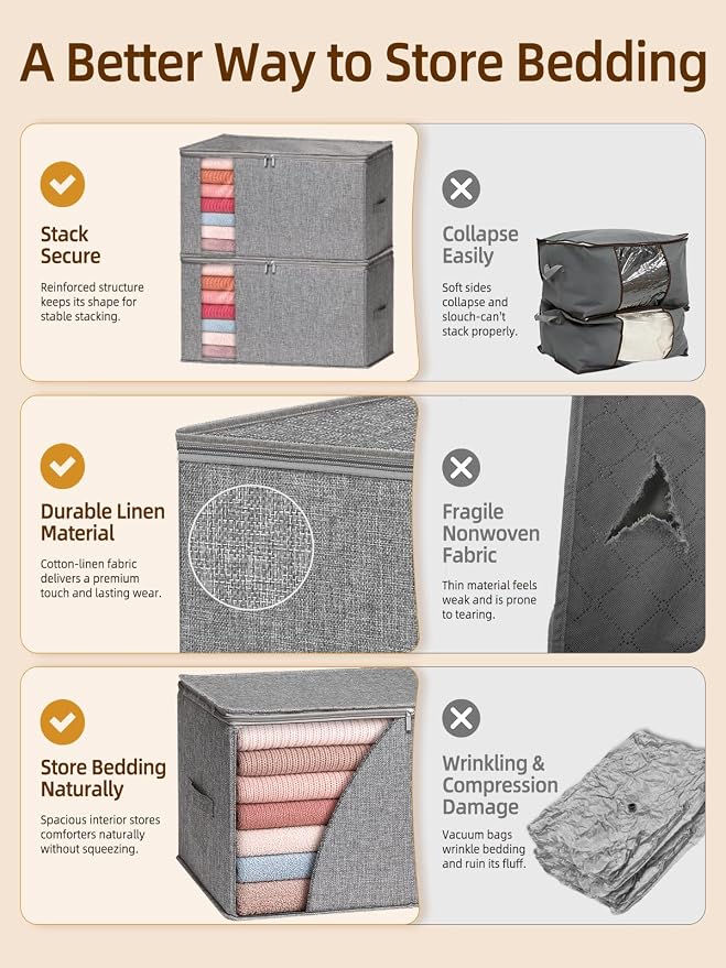 60L Rigid-Sided Blanket Storage Bags, 2 Pack, Gray | Rigid Sides and Bottom, Stackable Design, for Comforters, Quilts, Bedding, Pillows and Clothes, Closet and Dorm Organization