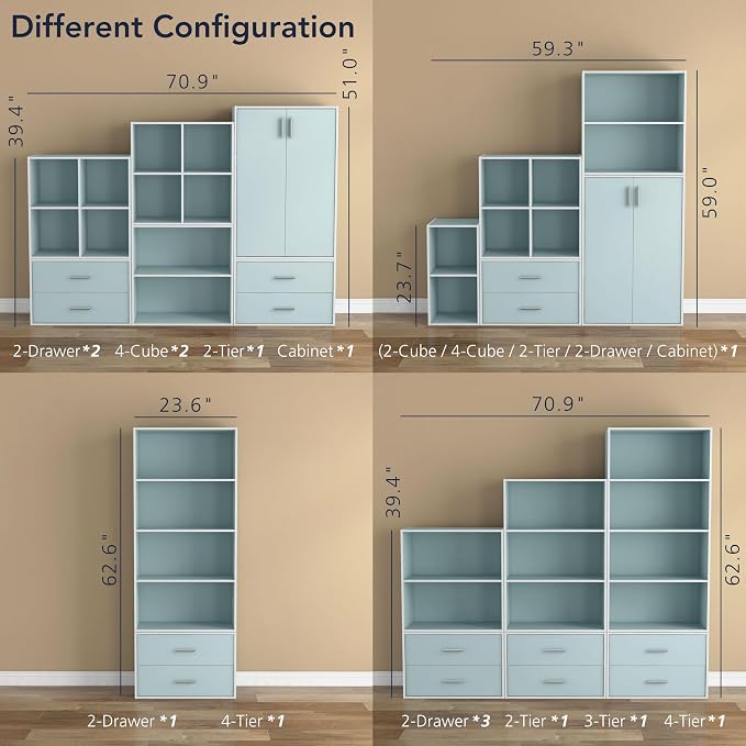 Homes: Inside + Out Apexa 3-Tier Cube Storage Organizer Shelves, Stackable Wood Bookcase Fits Cubby Bins for Organization, Dorm Teen Room Decor & Home Office, Light Blue