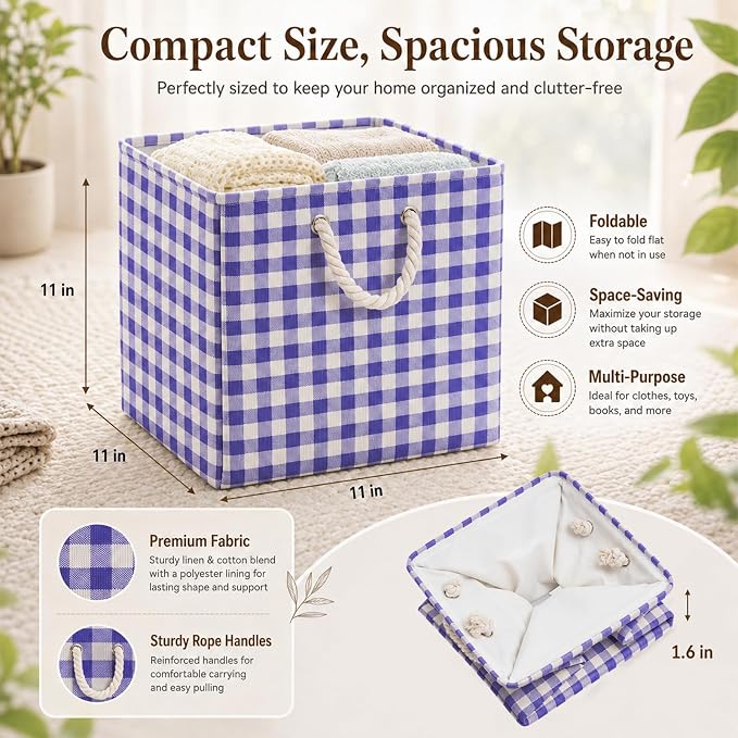 6 Pack Gingham Storage Bins, 11 Inch Cube Fabric Storage Baskets | Foldable Fabric Cube Baskets with Reinforced Handle,Checkered Classroom Storage Bins, for Shelves, Closets, Room Organization