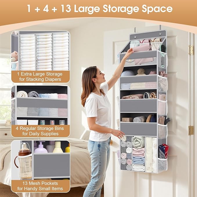 WISELIFE 5-Tier Over the Door Organizer for Nursery Hanging, Gray | Multi-Pocket Back of Door Baby Organizer for Diapers, Clothes & Nursery Essentials, Heavy-Duty Large Capacity, 50 Lb Capacity