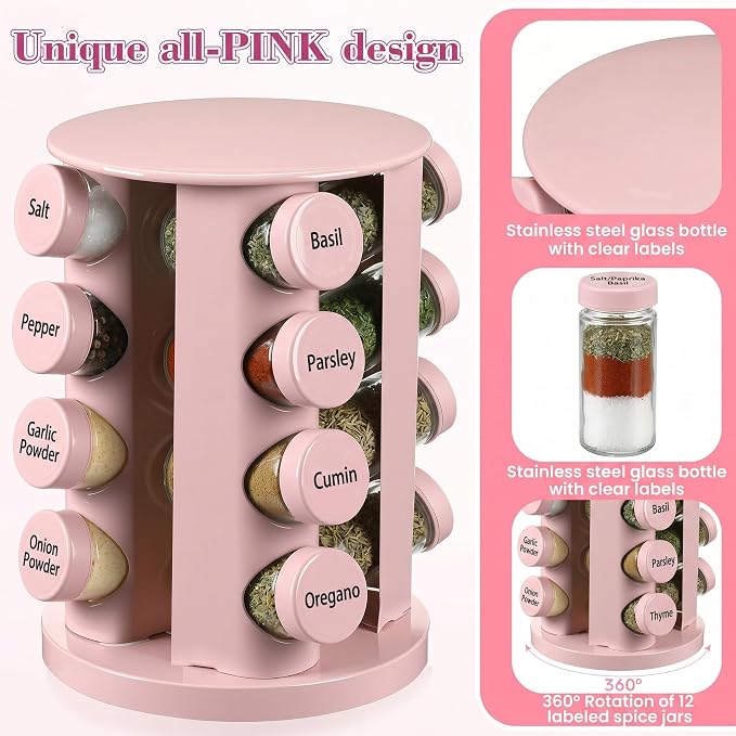 Yungyan Pink Rotating Spice Rack Seasoning Organizer with 16 Empty Jars, Spice Containers Set with Labels and Funnel, Revolving Seasoning Rack for Kitchen Accessories