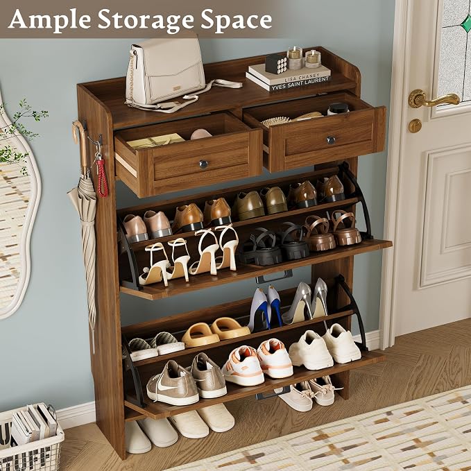 BORNOON Shoe Storage Cabinet for Entryway, Farmhouse Narrow Shoe Cabinet with 2 Flip Drawers & Top Drawers, Adjustable Shelves & Hooks, Freestanding Hidden Rack Organizer for Hallway, Foyer