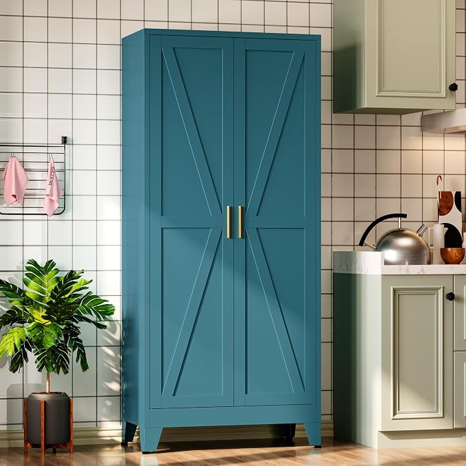 Bevivog 71" Tall Storage Cabinets Farmhouse Freestanding Tall Bookshelf with 2 Doors and 4 Adjustable Shelves, Blue Metal Pantry Cabinet for Kitchen Living Room, Home Office, Laundry, Bathroom