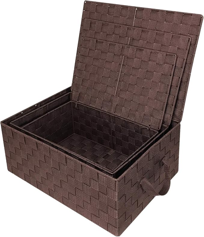 Sorbus Set of 3 Storage Baskets for Organizing with Lid, Mesh Hand-Woven Design, Linen Closet Organizers and Storage, Organizer Storage Baskets for Shelves, Variety Pack Organizers and Storage