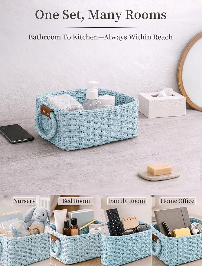 Small Wicker Baskets, 3 PCS Paper Rope Baskets for Shelves, Light | Recycled Small Baskets, 3 Sizes Woven Baskets for Organizing, Decorative Storage Baskets for Bedroom and Bathroom