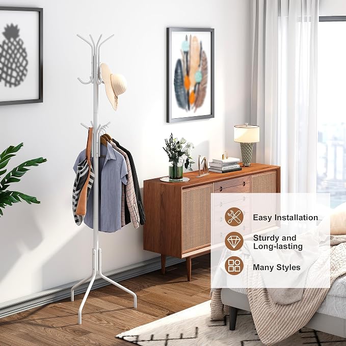 Coat Rack Freestanding Coat Tree Standing Hat Hanger Jacket Organizer Rack Metal,18.3" L x 18.3" W x 71.5" H,White