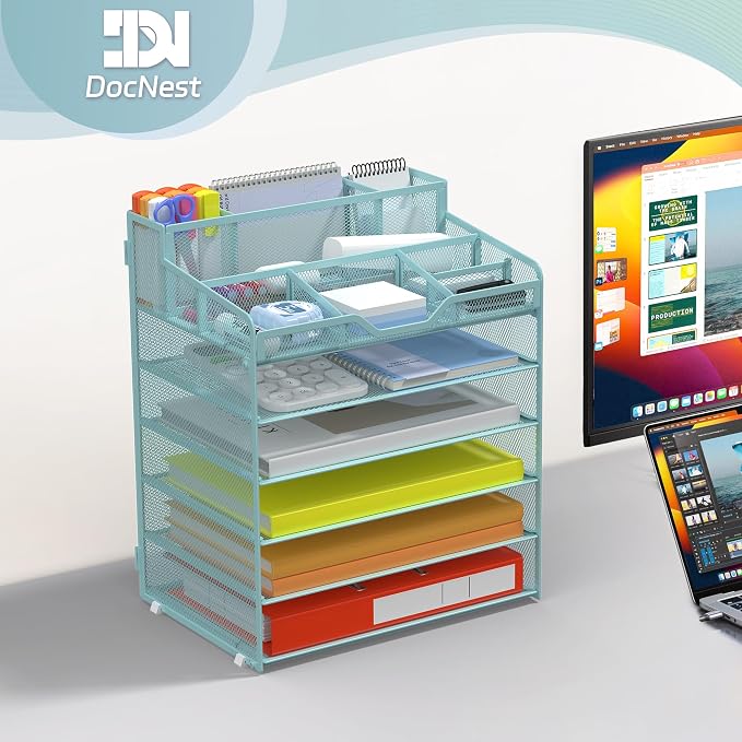 Docnest 6 Tier Mesh Desk Organizer with Letter Tray & Paper Sorter, Blue | Features 3 built-in pen holders & 5 adjustable compartments on top. Includes 4 non-slip rubber feet for desk protection