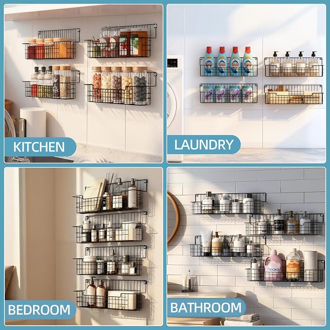 Spice Rack Wall Mount, Spice Organizer for Cabinet & Pantry Door, Set of 4 Hanging Spice Rack Saving Space for Kitchen, Black