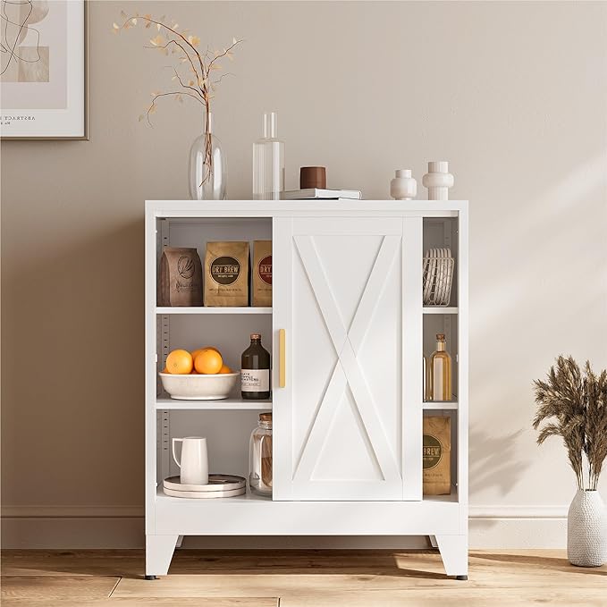 COFaR White 37" H Sliding Door Storage Cabinet, Half Open Half Closed Design, 3-Tier Kitchen Organizer with Adjustable Shelves, 150 lbs Top, Metal Coffee Bar & Buffet Sideboard for Dining Room
