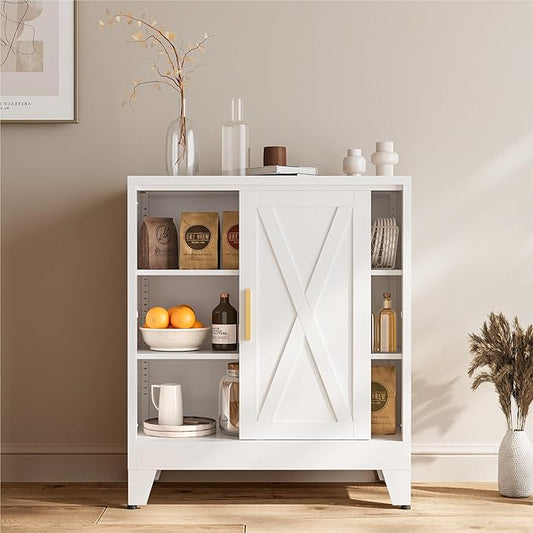 COFaR White 37" H Sliding Door Storage Cabinet, Half Open Half Closed Design, 3-Tier Kitchen Organizer with Adjustable Shelves, 150 lbs Top, Metal Coffee Bar & Buffet Sideboard for Dining Room